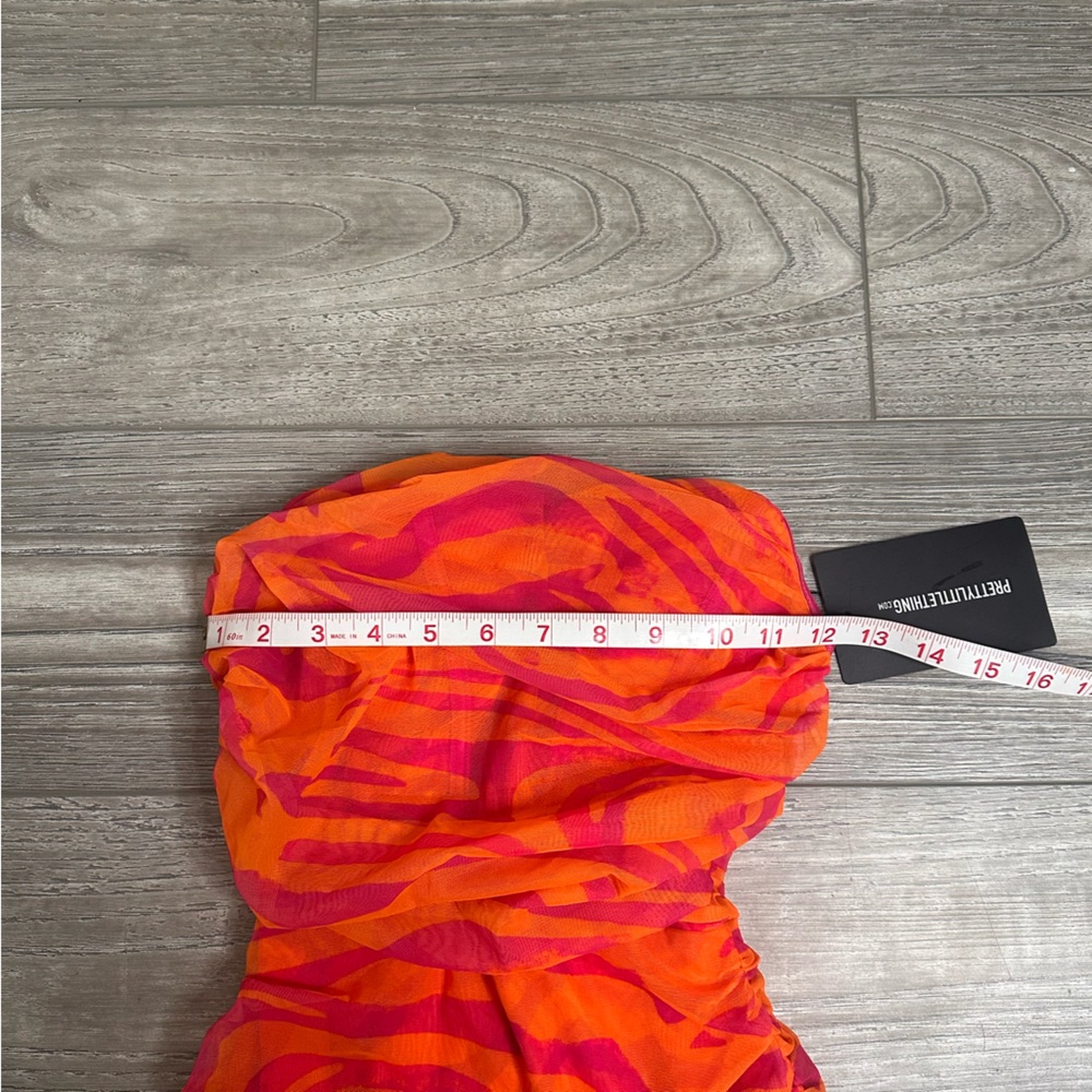 Strapless Midi Mesh Bodycon Bandeau Abstract corset Dress in Orange and Pink - Picture 4 of 7